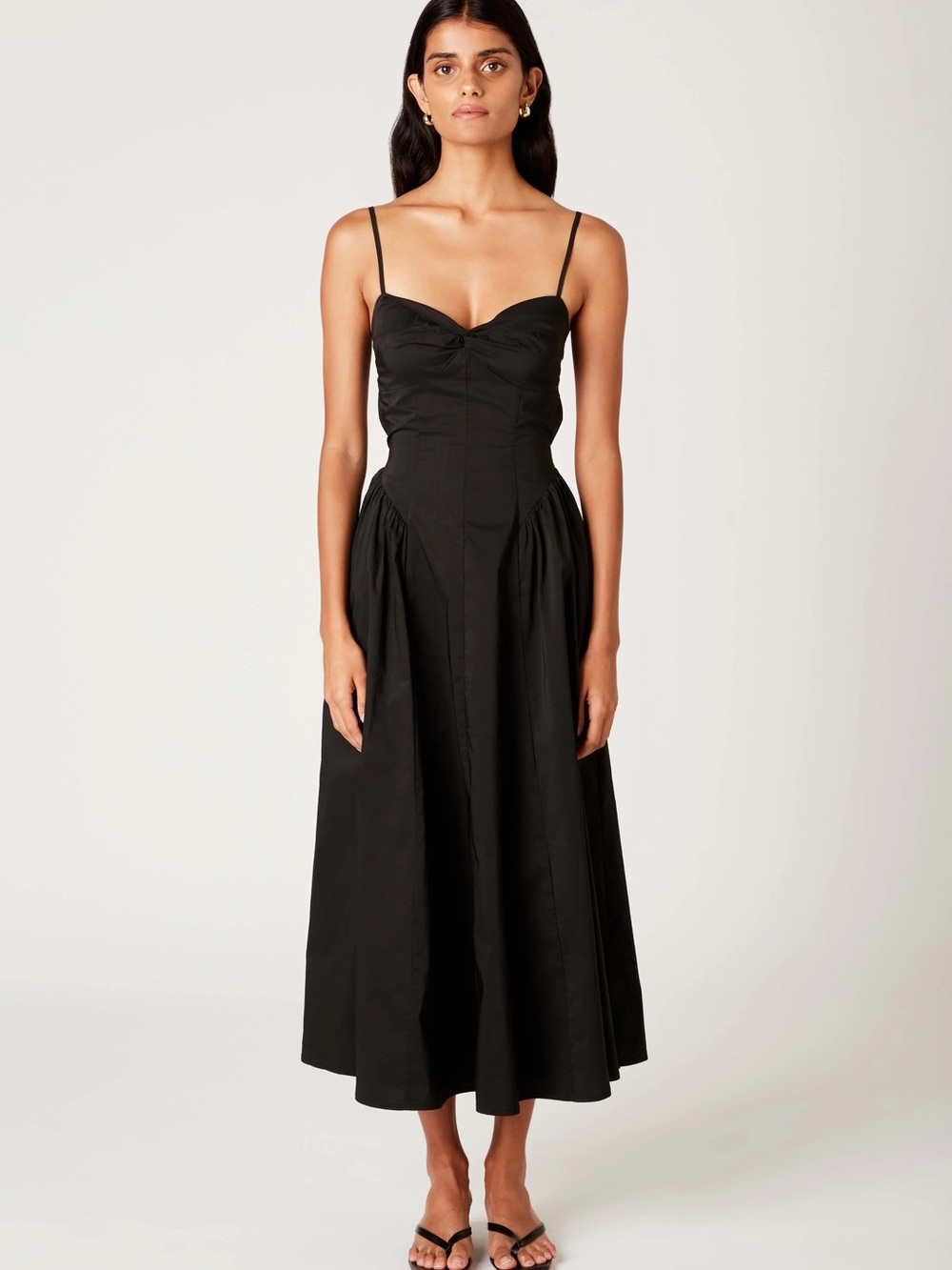 Nia Destene Dress Elegant Black Spaghetti-Strap Midi with Fitted Bodice